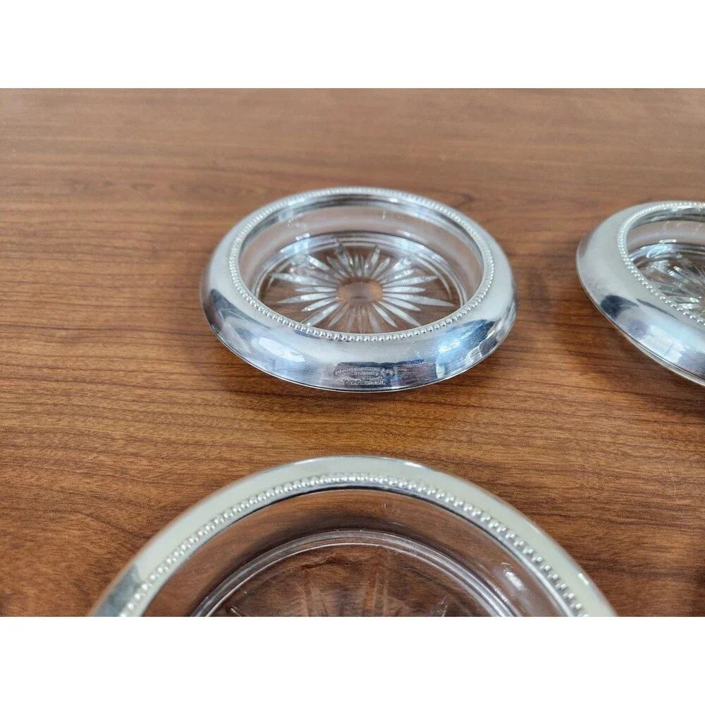 Vintage Set 6 Frank M. Whiting & Co Sterling Silver Glass Coasters #05 Starburst